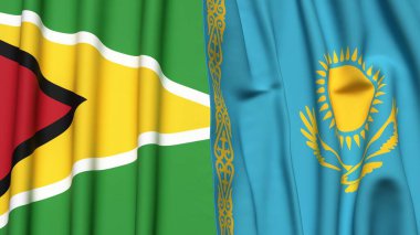 GUYANA ve KAZAKHSTAN bayrakları gerçekçi kumaş dokusuyla