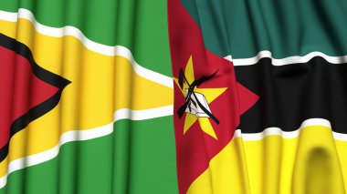 GUYANA ve MOZAMBIQUE bayrakları gerçekçi kumaş dokusuyla