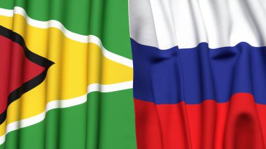GUYANA ve RUSSIA bayrakları gerçekçi kumaş dokusuna sahip