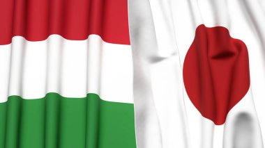 HUNGARY ve JAPONYA bayrakları gerçekçi kumaş dokusuyla