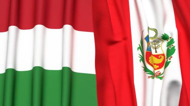 Gerçekçi kumaşlı HUNGARY ve Peru bayrakları