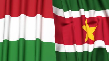 Gerçekçi kumaş dokusuna sahip HUNGARY ve SURINAME bayrakları