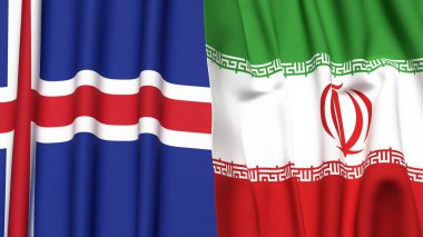 Gerçekçi kumaş dokusuna sahip ICELAND ve İranca bayrakları