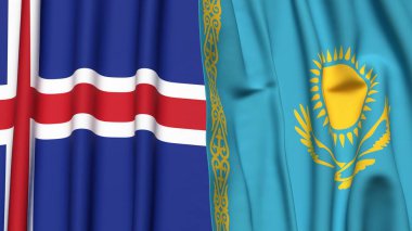 Gerçekçi kumaş dokusuna sahip İzlanda ve KAZAKHSTAN bayrakları