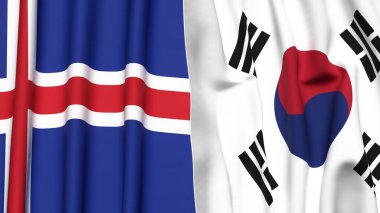 Gerçekçi kumaş dokusuna sahip İzlanda ve Kore Güney Bayrakları