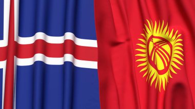 Gerçekçi kumaş dokusuna sahip ICELAND ve KYRGYZSTAN bayrakları