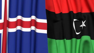 Gerçekçi kumaş dokusuna sahip ICELAND ve LIBYA bayrakları