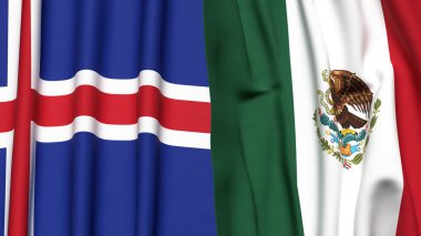 Gerçekçi kumaş dokusuna sahip ICELAND ve MEXICO bayrakları