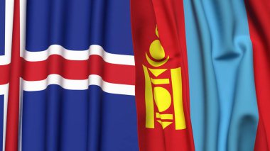 Gerçekçi kumaş dokusuna sahip İzlanda ve Mongolya bayrakları
