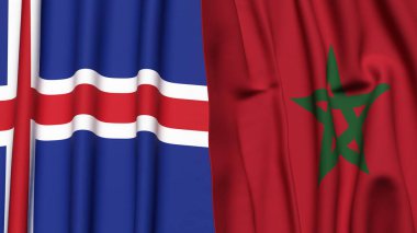 Gerçekçi kumaş dokusuna sahip ICELAND ve MOROCCO bayrakları