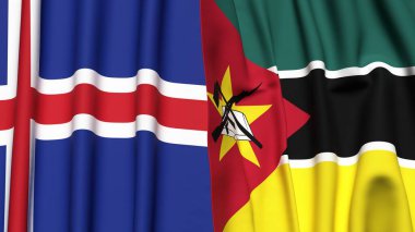 Gerçekçi kumaş dokusuna sahip ICELAND ve MOZAMBIQUE bayrakları