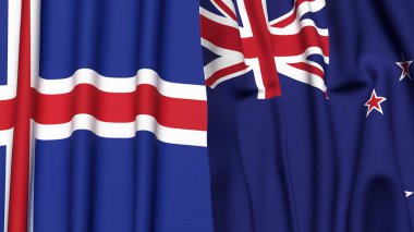 Gerçekçi kumaş dokusuna sahip İzlanda ve Yeni Zelanda bayrakları