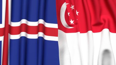 Gerçekçi kumaş dokusuna sahip ICELAND ve SINGAPORE bayrakları