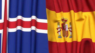 Gerçekçi kumaş dokusuna sahip İzlanda ve İspanya bayrakları