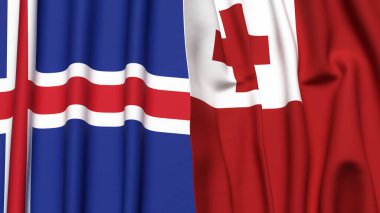 Gerçekçi kumaş dokusuna sahip ICELAND ve TONGA bayrakları