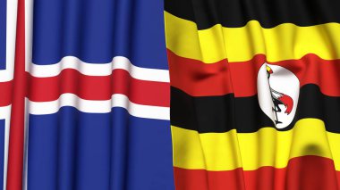 Gerçekçi kumaş dokusuna sahip ICELAND ve UGANDA bayrakları