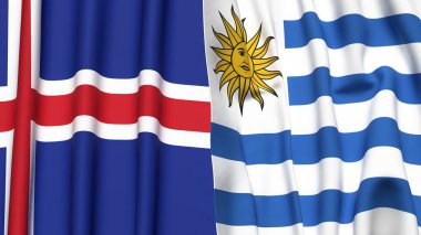 Gerçekçi kumaş dokusuna sahip ICELAND ve Uruguay bayrakları