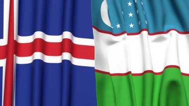 Gerçekçi kumaş dokusuna sahip ICELAND ve UZBEKISTAN bayrakları