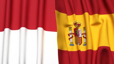 Gerçekçi kumaş dokusuna sahip INDONEZYA ve SPAIN bayrakları