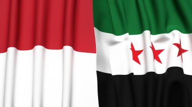 Gerçekçi kumaş dokusuna sahip INDONEZYA ve SYRIA bayrakları