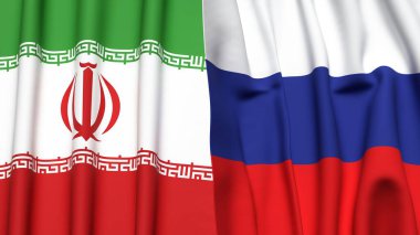İran ve Rusya 'nın gerçekçi kumaş dokusuna sahip bayrakları