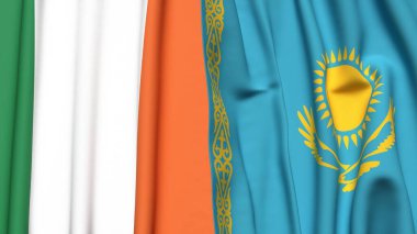 Gerçekçi kumaş dokusuna sahip IRELAND ve KAZAKHSTAN bayrakları