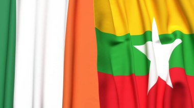 Gerçekçi kumaşlı IRELAND ve Myanmar bayrakları
