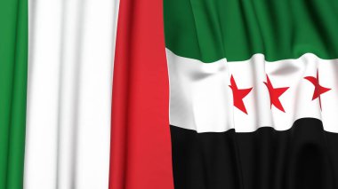 Gerçekçi kumaş dokusuna sahip İtalyan bayrakları ve SYRIA