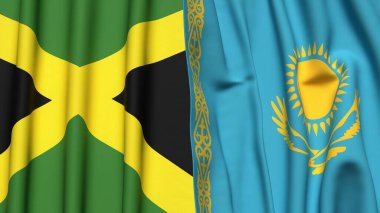 Gerçekçi kumaş dokusuna sahip JAMAICA ve KAZAKHSTAN bayrakları