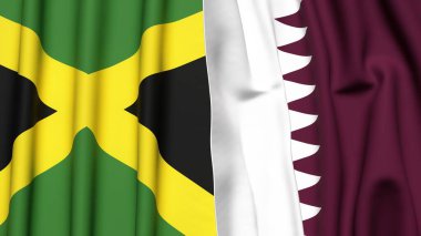 Gerçekçi kumaş dokusuna sahip JAMAICA ve Katar bayrakları