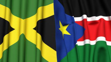 Gerçekçi kumaş dokusuna sahip JAMAICA ve Güney Sudan bayrakları