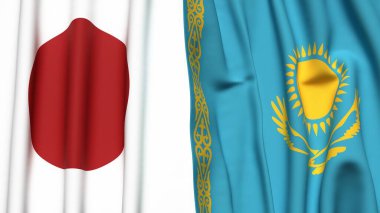 Gerçekçi kumaş dokusuna sahip Japon ve KAZAKHSTAN bayrakları