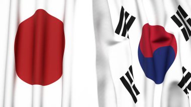Japon ve Kore 'nin bayrakları gerçekçi kumaş dokusuna sahip.