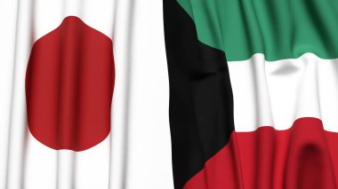 Japon ve KUWAIT bayrakları gerçekçi kumaş dokusuyla