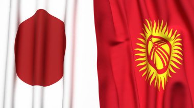 Gerçekçi kumaş dokusuna sahip Japon ve KYRGYZSTAN bayrakları