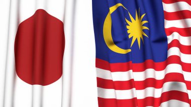 Gerçekçi kumaş dokusuna sahip Japon ve Malezya bayrakları