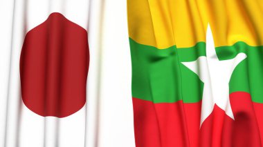 Gerçekçi kumaşlı Japon ve Myanmar bayrakları.