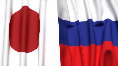 Gerçekçi kumaş dokusuna sahip Japon ve Rus bayrakları