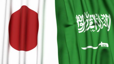 Gerçekçi kumaş dokusuna sahip Japon ve Suudi Arabistan bayrakları