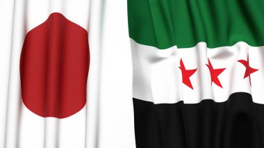 Gerçekçi kumaş dokusuna sahip Japon ve SYRIA bayrakları