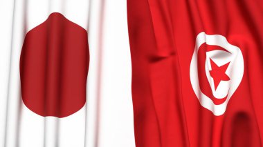 Gerçekçi kumaş dokusuna sahip Japon ve TUNISIA bayrakları