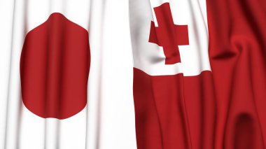 Gerçekçi kumaş dokusuna sahip Japon ve TONGA bayrakları