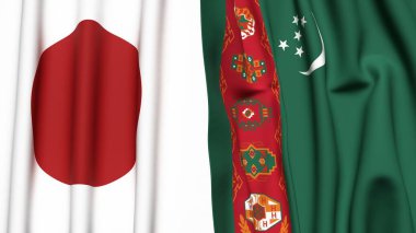 Gerçekçi kumaşlı Japon ve Türkmenistan bayrakları