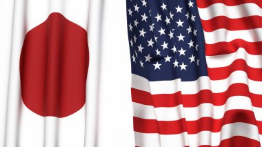 Gerçekçi kumaş dokusuna sahip Japon ve Amerikan bayrakları