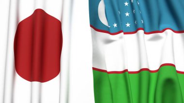 Gerçekçi kumaş dokusuna sahip Japon ve UZBEKISTAN bayrakları
