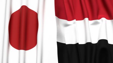Gerçekçi kumaş dokusuna sahip Japon ve YEmen bayrakları