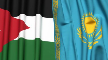 Gerçekçi kumaş dokusuna sahip JORDAN ve KAZAKHSTAN bayrakları