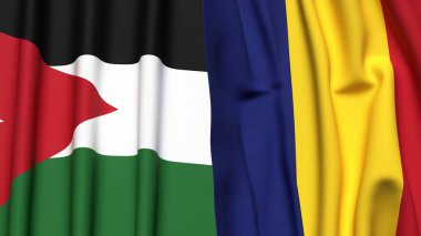 Gerçekçi kumaş dokusuna sahip JORDAN ve ROMANIA bayrakları