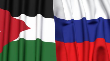 Gerçekçi kumaş dokusuna sahip JORDAN ve RUSSIA bayrakları