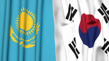 KAZAKHSTAN Bayrakları ve KOREA GÜNEY Gerçekçi kumaş dokusuyla